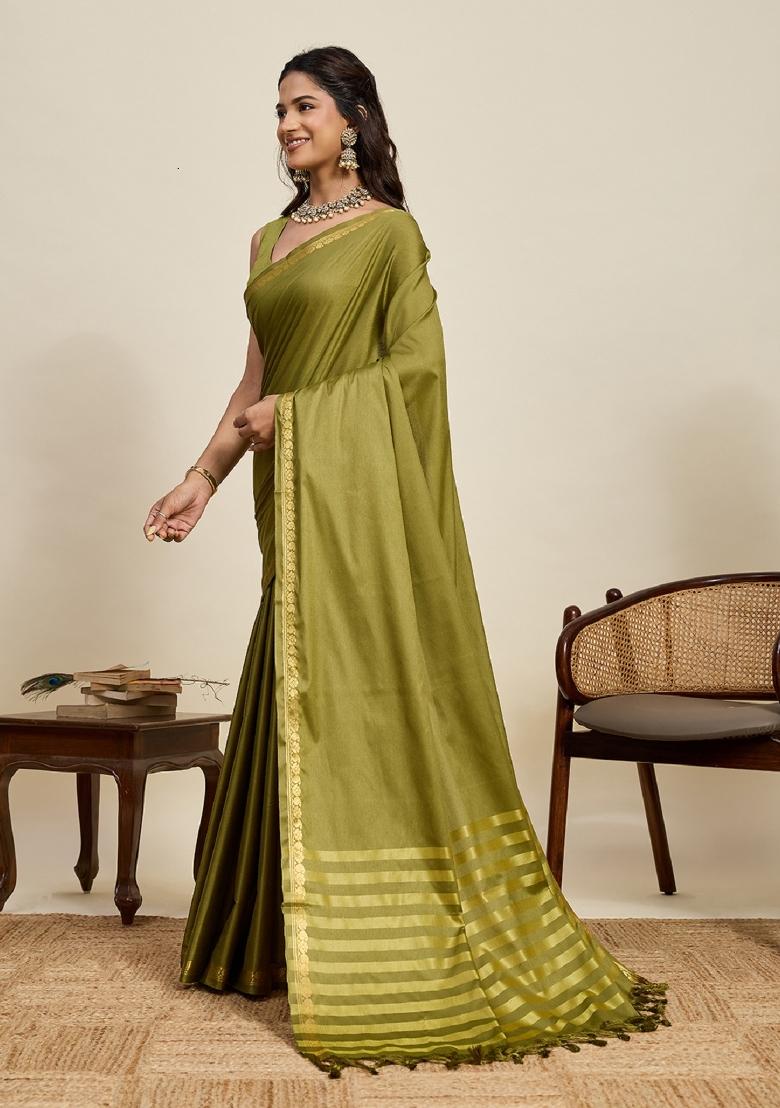 Mint Green Zari Work Silk Blend Saree Set - Indya
