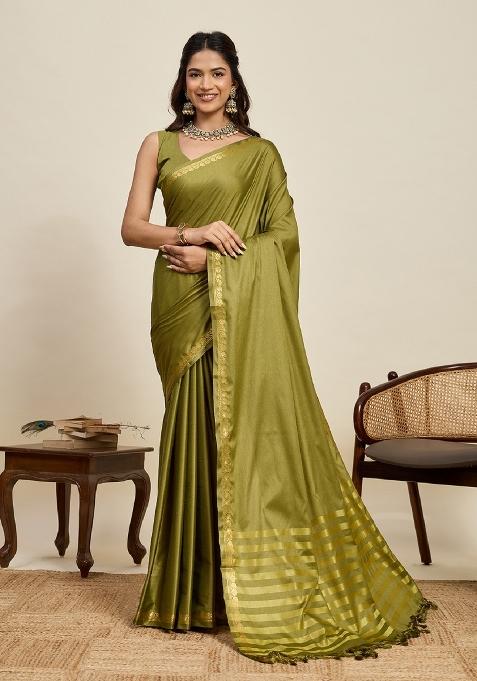 Mint Green Zari Work Silk Blend Saree Set