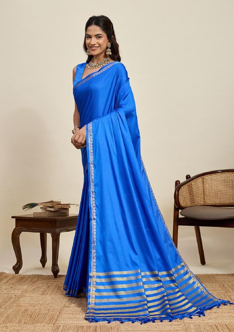 Blue Zari Work Silk Blend Saree Set - Indya