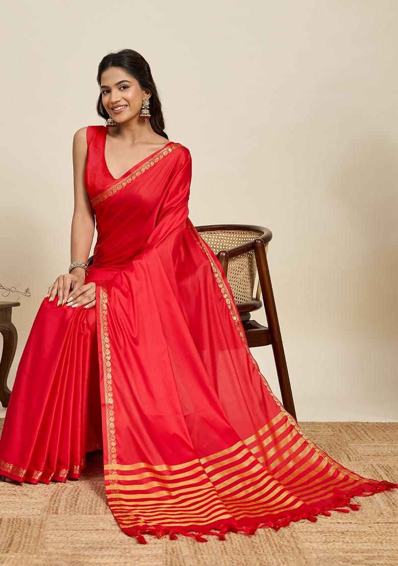 Red Zari Work Silk Blend Saree Set - Indya
