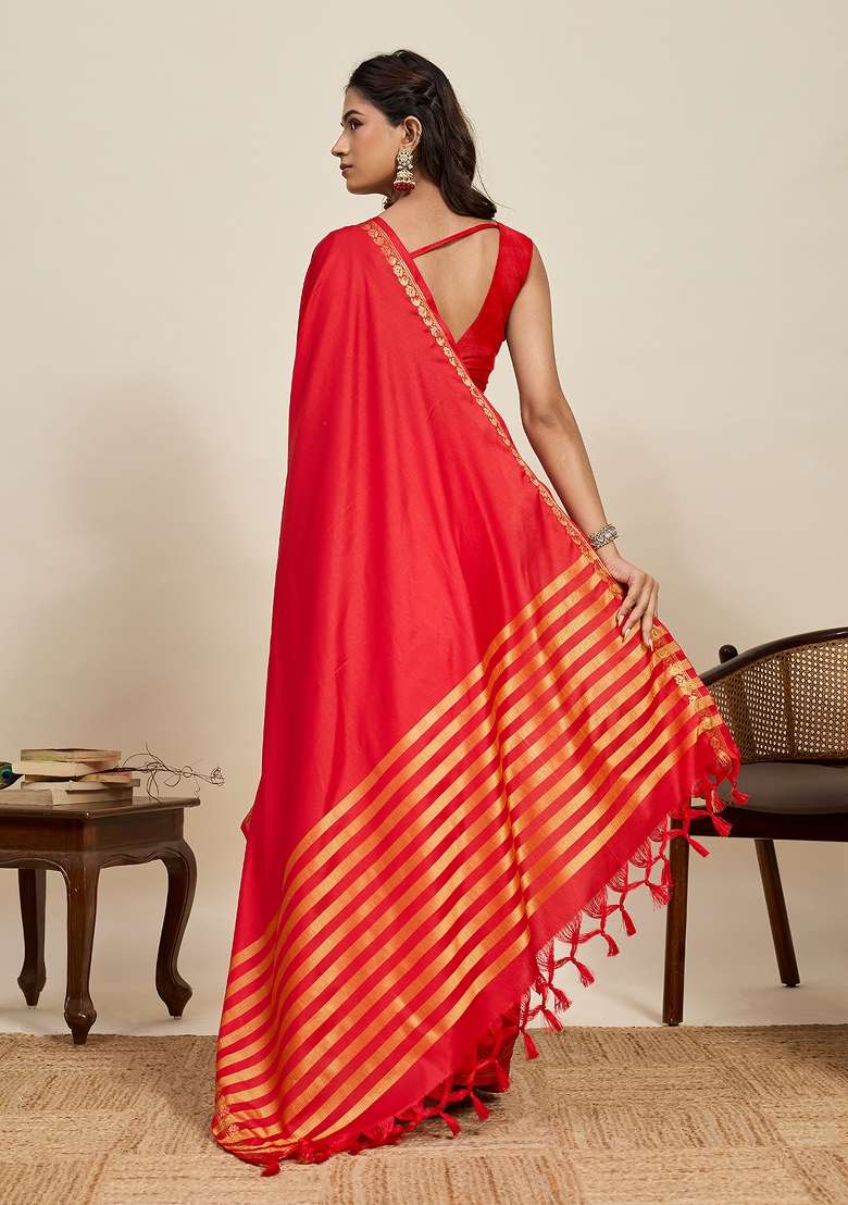 Red Zari Work Silk Blend Saree Set - Indya