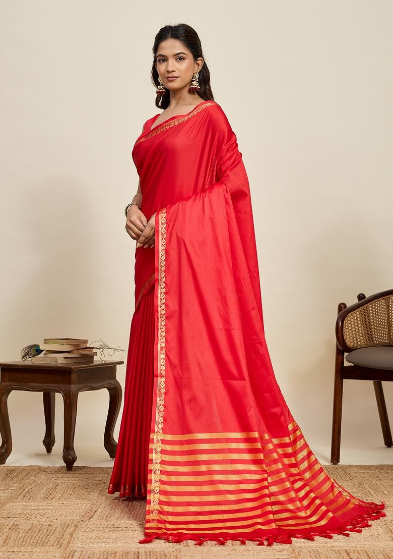 Red Zari Work Silk Blend Saree Set - Indya