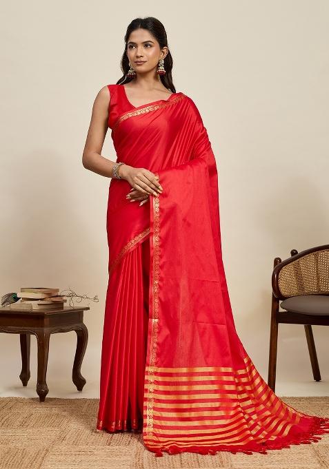 Red Zari Work Silk Blend Saree Set