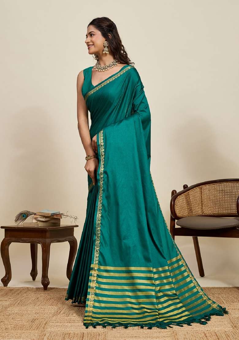 Green Zari Work Silk Blend Saree Set - Indya