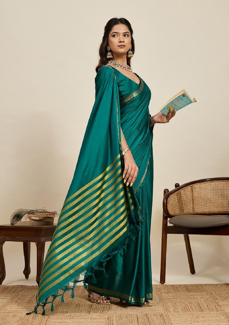 Green Zari Work Silk Blend Saree Set - Indya