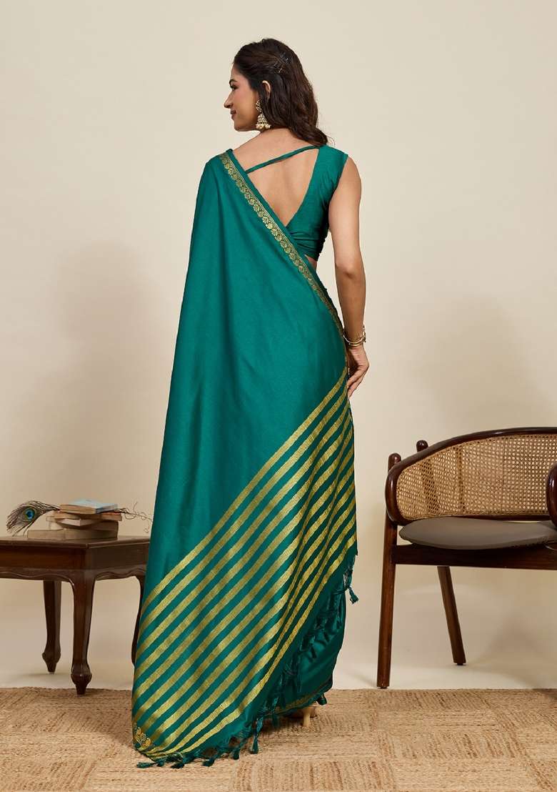 Green Zari Work Silk Blend Saree Set - Indya