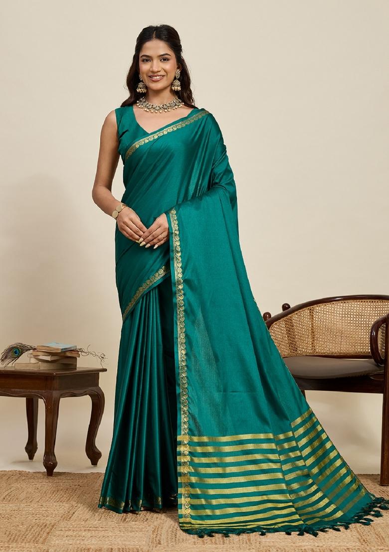 Green Zari Work Silk Blend Saree Set - Indya