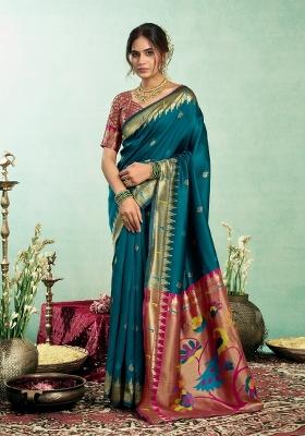 Green Woven Weaving Silk Blend Saree Set