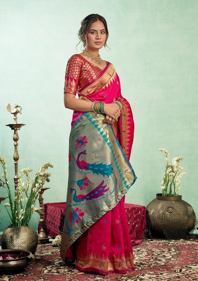 Red Woven Weaving Silk Blend Saree Set - Indya