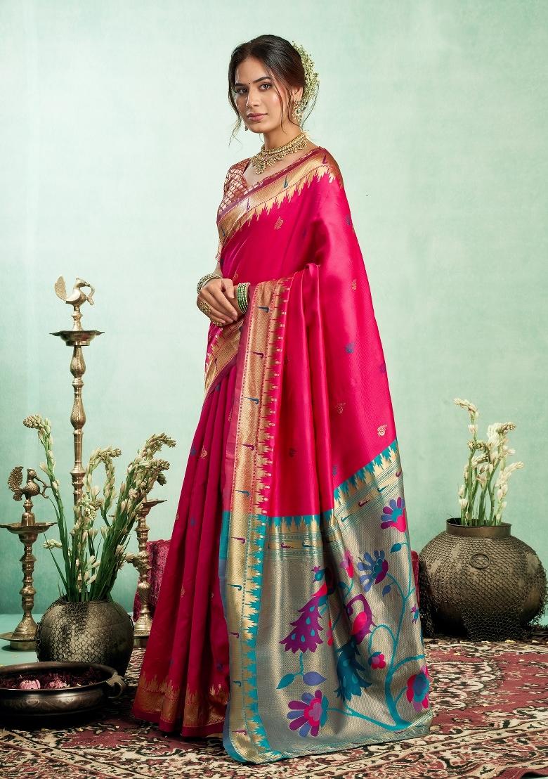 Red Woven Weaving Silk Blend Saree Set - Indya