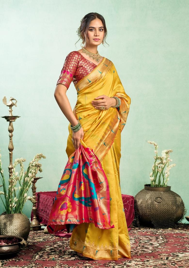 Yellow Woven Weaving Silk Blend Saree Set - Indya
