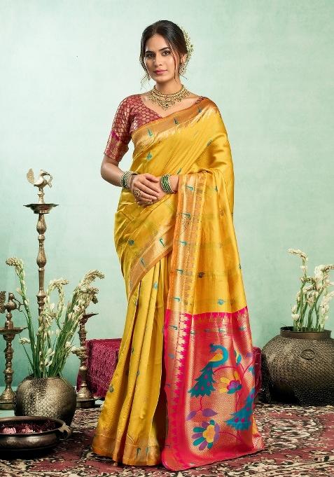 Yellow Woven Weaving Silk Blend Saree Set
