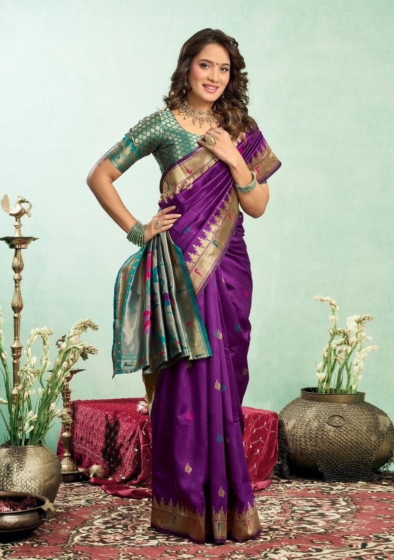 Purple Woven Weaving Silk Blend Saree Set - Indya