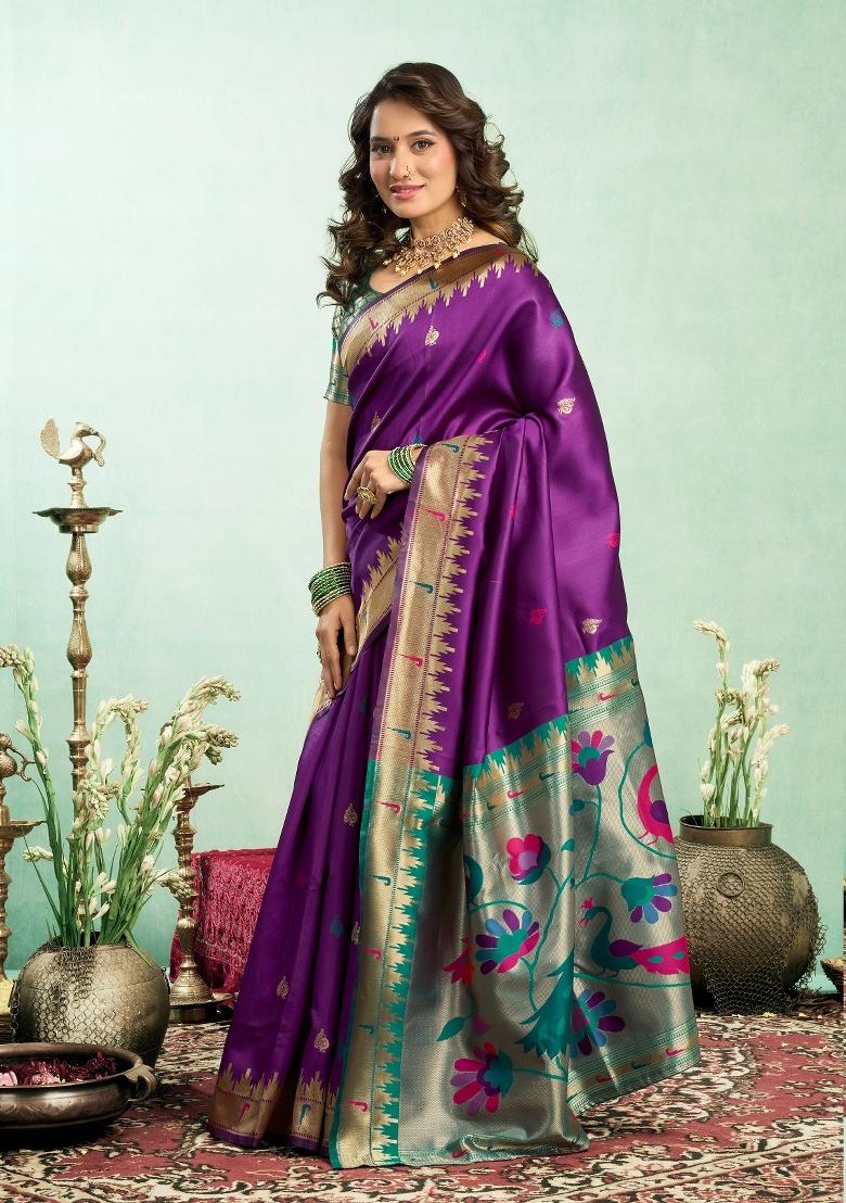 Purple Woven Weaving Silk Blend Saree Set - Indya