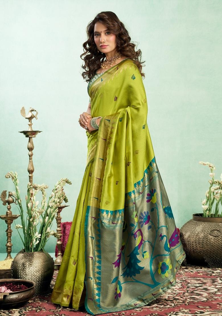 Green Woven Weaving Silk Blend Saree Set - Indya