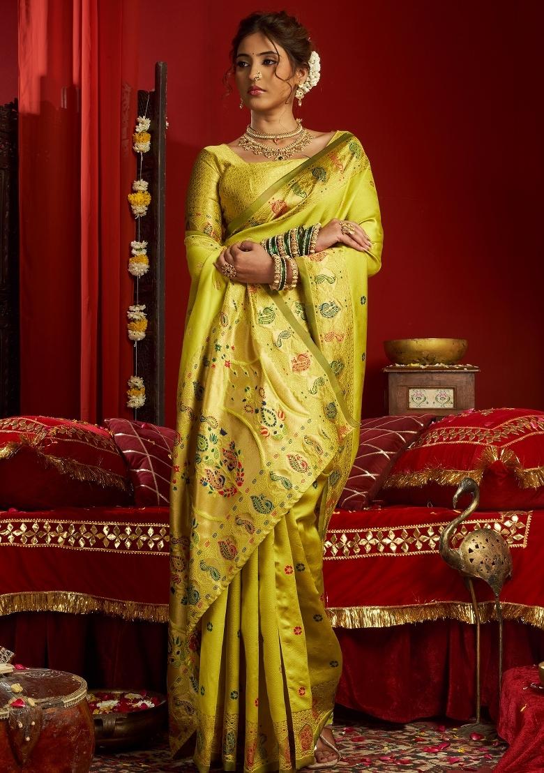 Mint Green Woven Weaving Silk Blend Saree Set - Indya