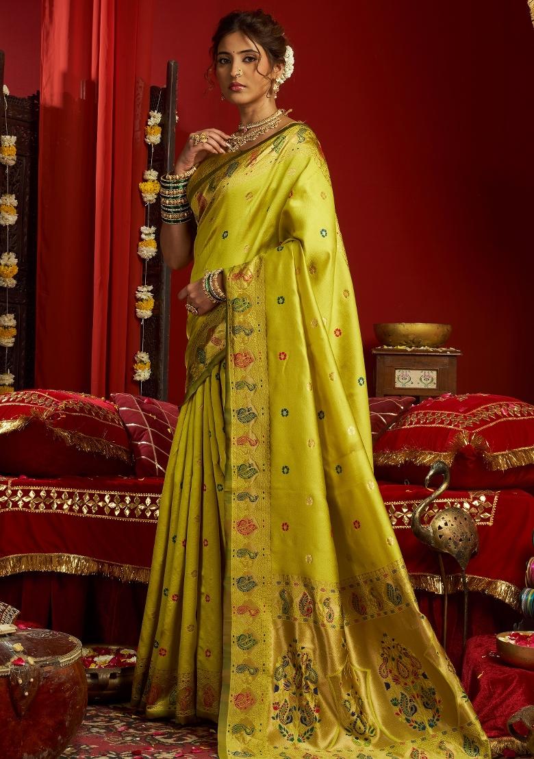 Mint Green Woven Weaving Silk Blend Saree Set - Indya