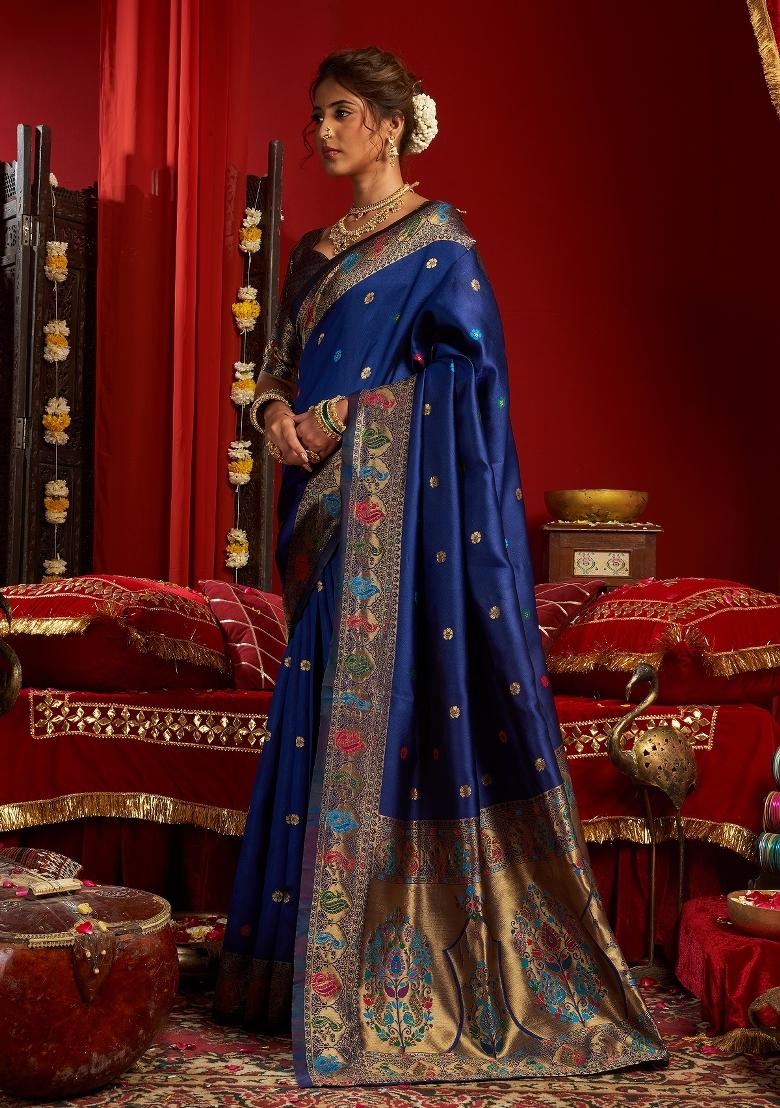 Navy Blue Woven Weaving Silk Blend Saree Set - Indya