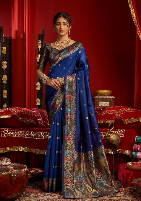 Navy Blue Woven Weaving Silk Blend Saree Set