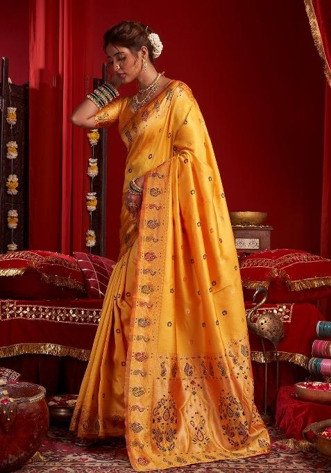 Yellow Woven Weaving Silk Saree Set