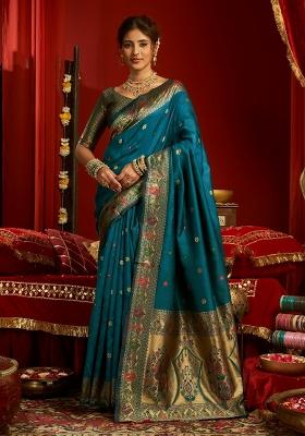 Teal Blue Woven Weaving Silk Blend Saree Set