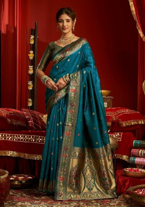 Teal Blue Woven Weaving Silk Saree Set