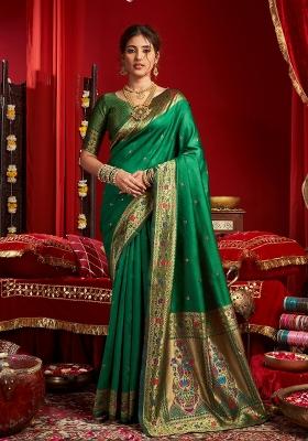 Green Woven Weaving Silk Blend Saree Set
