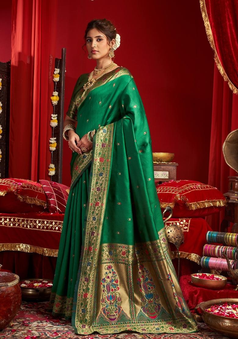 Green Woven Weaving Silk Blend Saree Set - Indya