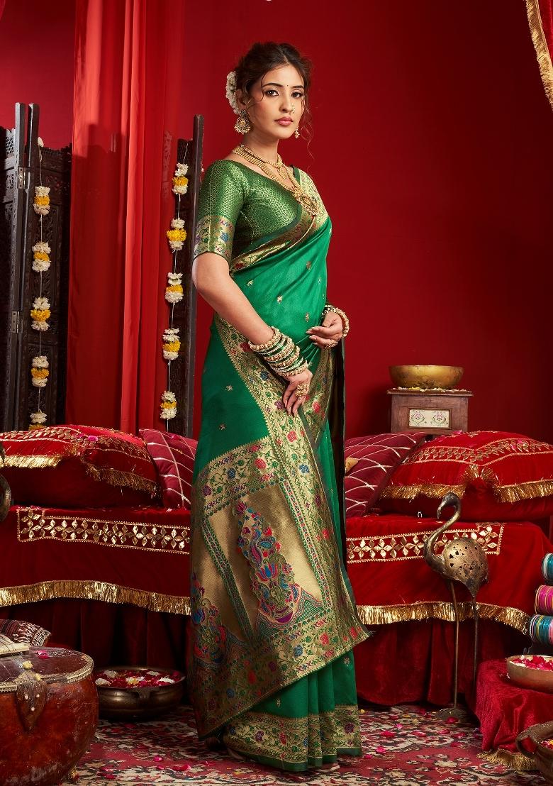 Green Woven Weaving Silk Blend Saree Set - Indya
