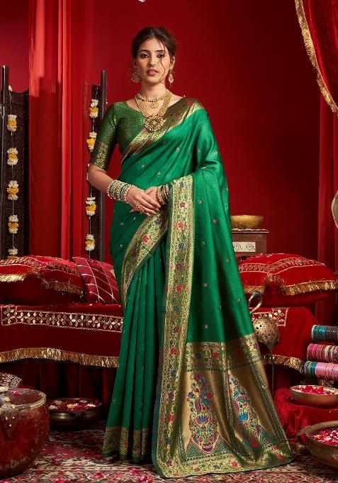 Green Woven Weaving Silk Saree Set