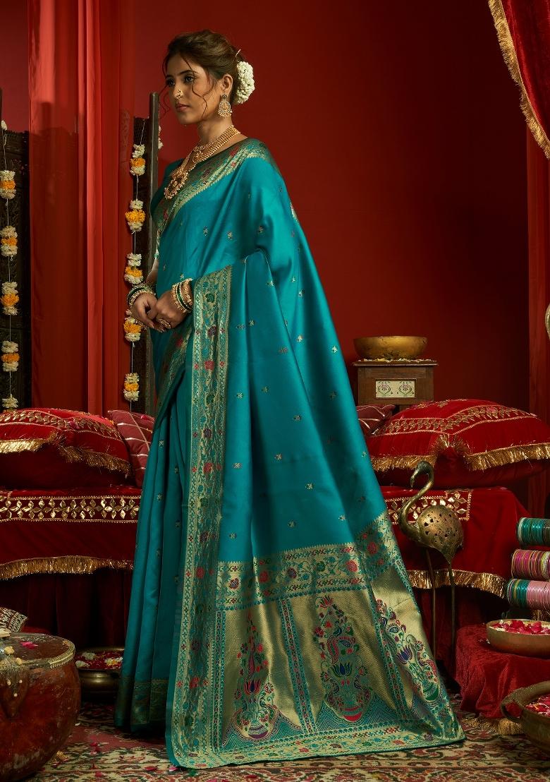 Sky Blue Woven Weaving Silk Blend Saree Set - Indya