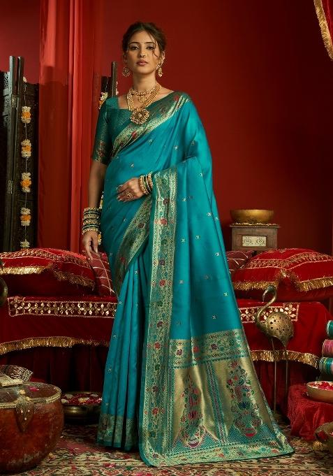 Sky Blue Woven Weaving Silk Blend Saree Set
