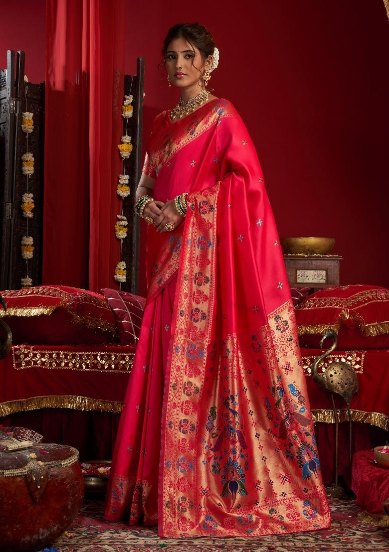 Pink Woven Weaving Silk Blend Saree Set - Indya