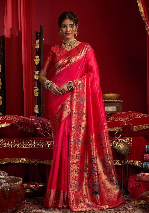 Pink Woven Weaving Silk Blend Saree Set