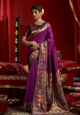 Purple Woven Weaving Silk Blend Saree Set