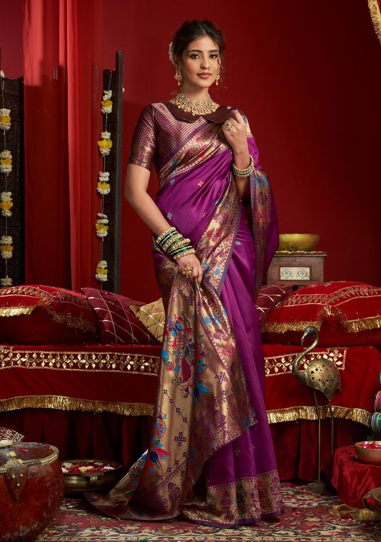 Purple Woven Weaving Silk Blend Saree Set - Indya