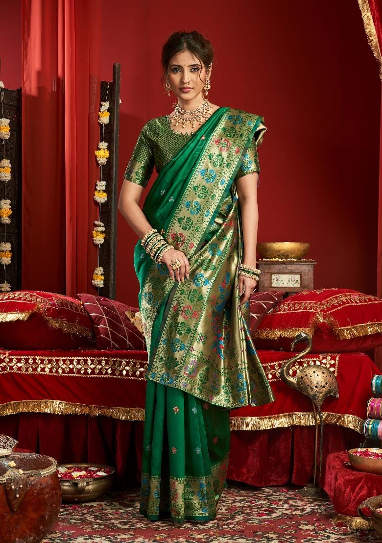 Green Woven Weaving Silk Blend Saree Set - Indya