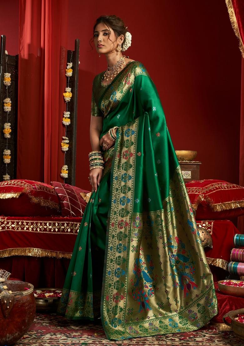 Green Woven Weaving Silk Blend Saree Set - Indya