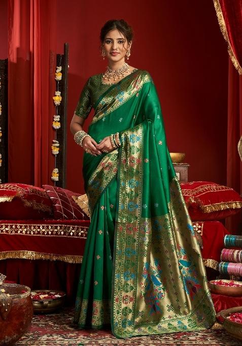 Green Woven Weaving Silk Blend Saree Set