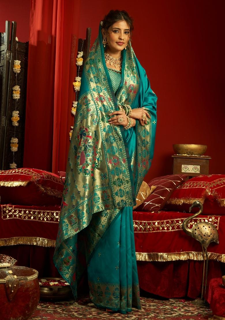 Sky Blue Woven Weaving Silk Blend Saree Set - Indya