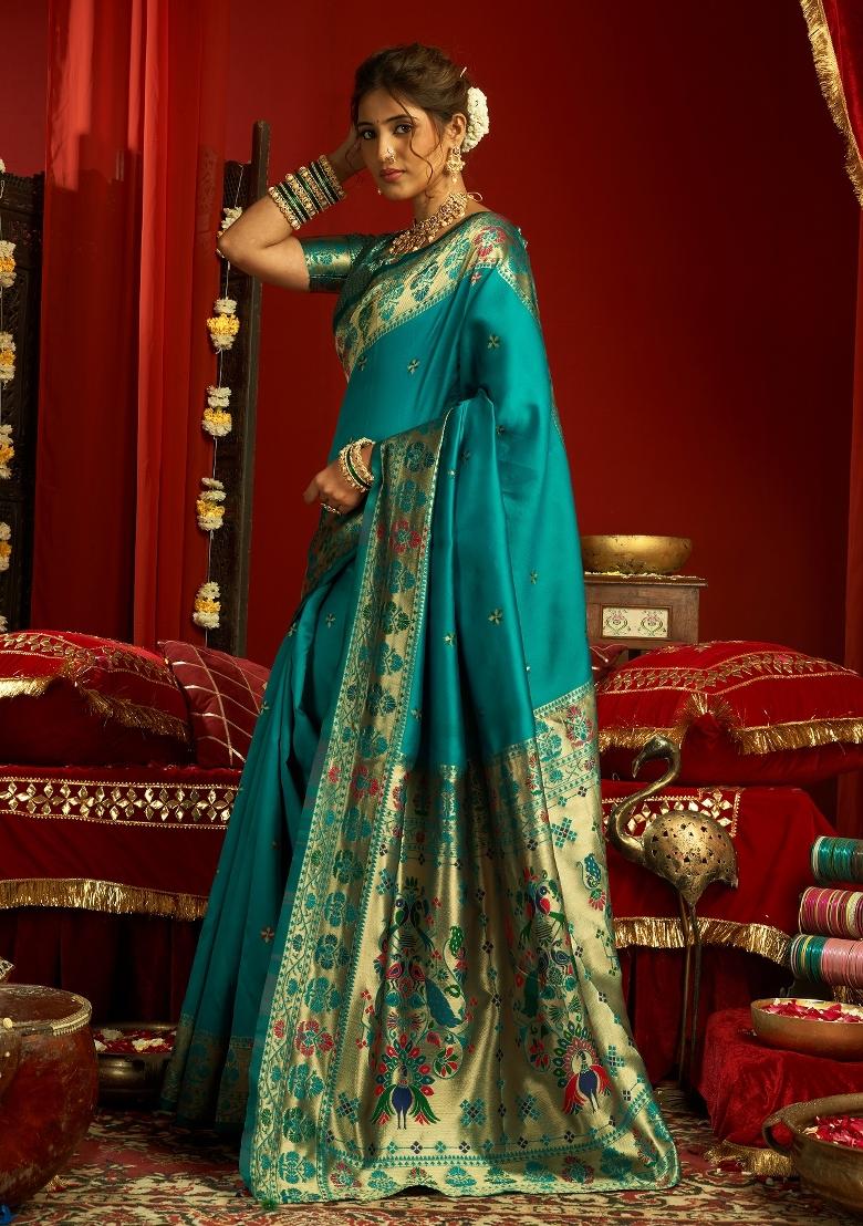 Sky Blue Woven Weaving Silk Blend Saree Set - Indya