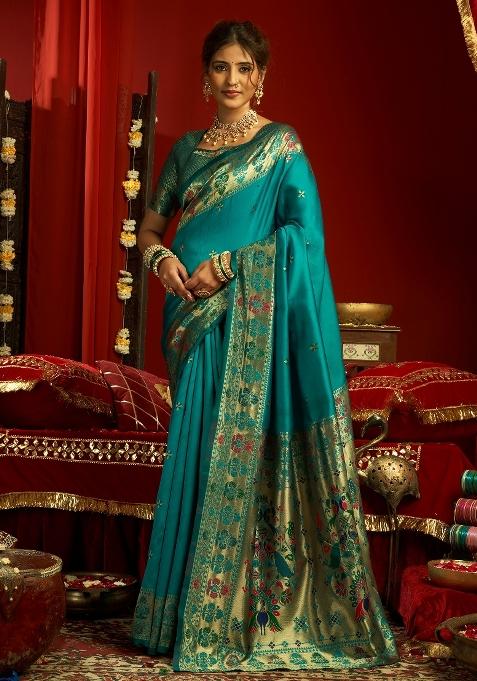 Sky Blue Woven Weaving Silk Saree Set