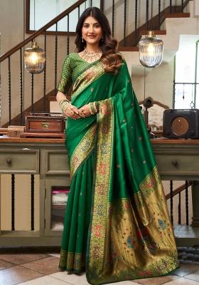 Green Woven Weaving Silk Blend Saree Set