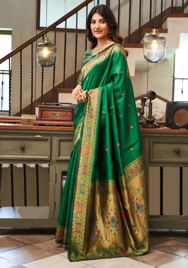 Green Woven Weaving Silk Blend Saree Set - Indya