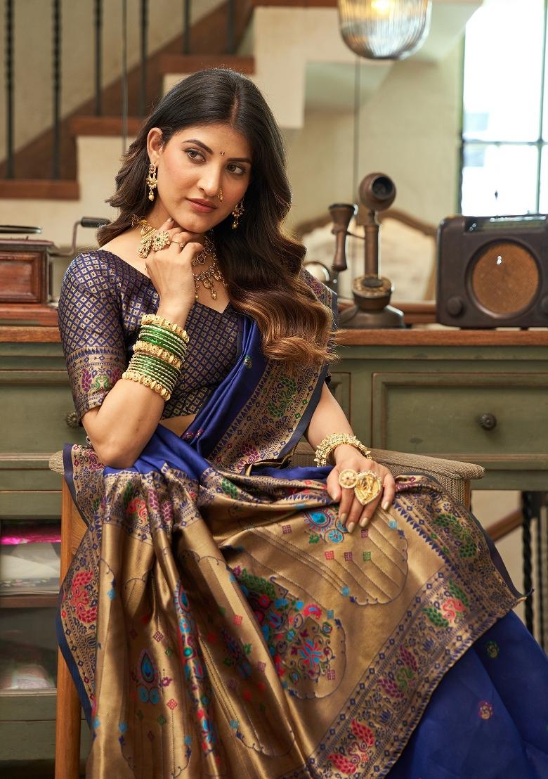 Blue Woven Weaving Silk Blend Saree Set - Indya
