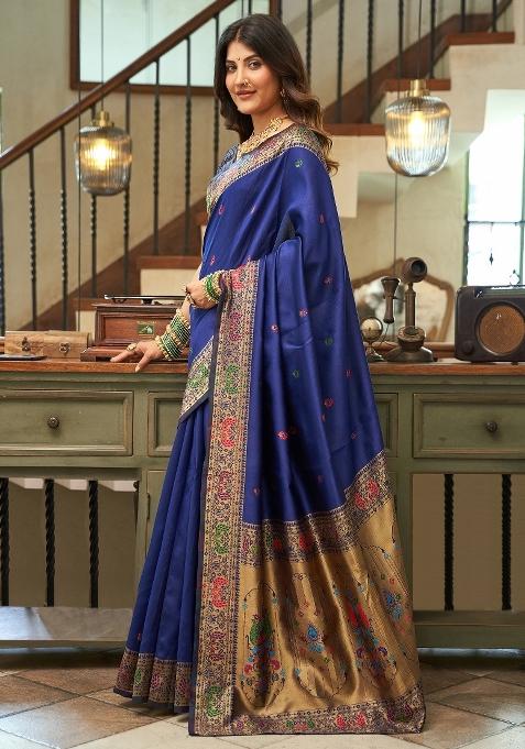 Blue Woven Weaving Silk Blend Saree Set