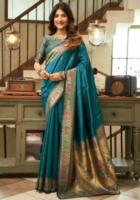 Turquoise Blue Woven Weaving Silk Blend Saree Set