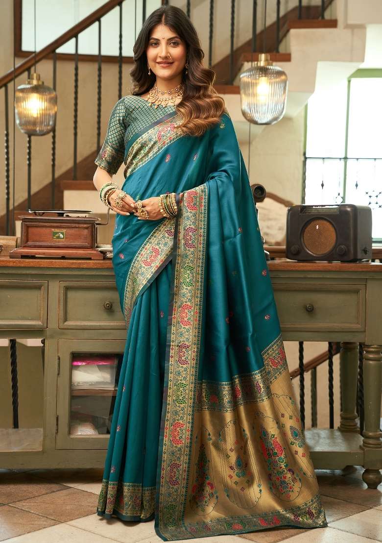 Turquoise Blue Woven Weaving Silk Blend Saree Set for Diwali | Wedding & Festive Wear - Indya