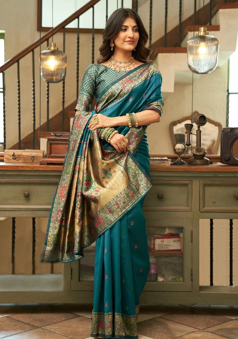 Turquoise Blue Woven Weaving Silk Blend Saree Set - Indya