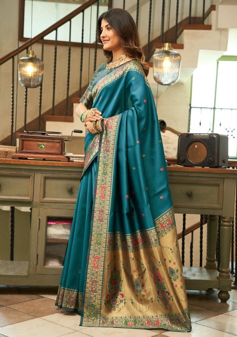 Turquoise Blue Woven Weaving Silk Blend Saree Set - Indya